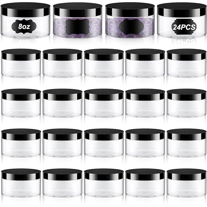 Dandat 24 Pcs 8 oz Plastic Jar Container with Lid and Label Refillable Empty Round Clear PET Cosmetic Sample Slime Containers for Lotion, Cream, Ointments, Body Butter, Makeup, Travel Storage