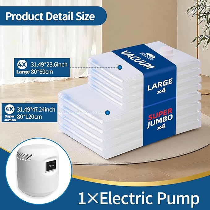 Vacuum Storage Bags with Electric Pump,8 Pack Extra Large Space Saving Vacuum Seal Bags for Bedding,Blankets,Comforters,Duvets,Pillows(4 Large+4 Super Jumbo)