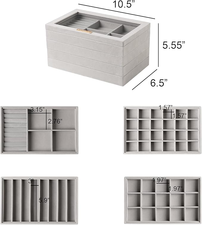 Frebeauty Stackable Jewelry Trays,Velvet Jewelry Organizer for Drawer,5-in-1 Jewelry Storage Box with Lid,Vanity Jewelry Display for Earrings Necklaces Rings,10.5 x 6.5 x 5.55 Inches,Gift for Women