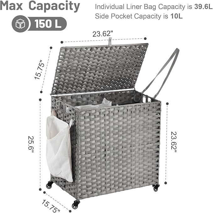 Laundry Hamper with Wheels, 39.6 Gallon(150L) Rolling Laundry Basket with Lid, Removable Large 2 Color Liners & 3 Mesh Laundry Bags, Clothes Hamper with Side Pocket, Grey