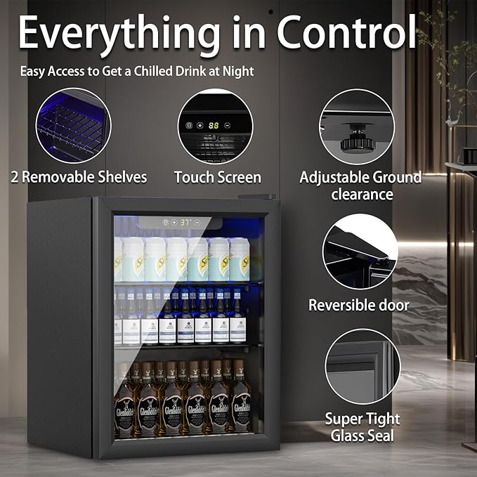 1.7 Cu.ft Beverage Refrigerator Cooler, 72 Cans Mini Fridge with Glass Door, and Temperature controllable switch for Soda, Beer or Wine For Office or Bar with Removable Shelves