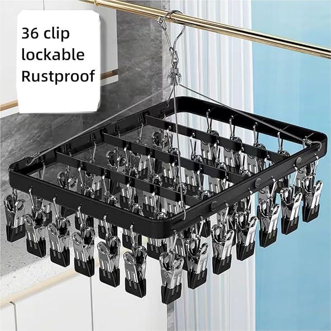 Clothes Drying Racks Clip Hangers Metal with 36 Clips Windproof Hook Underwear Hanger Foldable Laundry Clip for Socks Bras Black