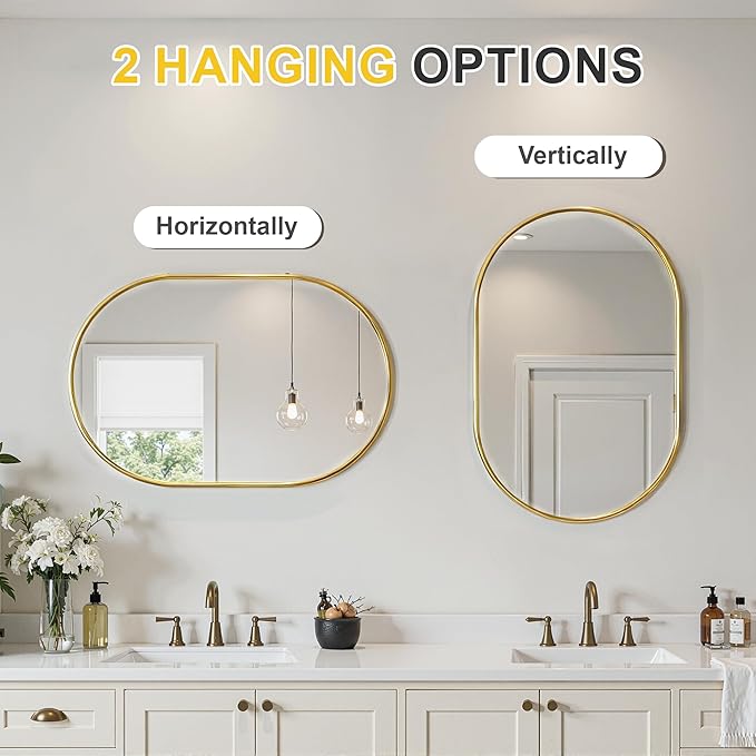 Oval Bathroom Mirror for Wall, 20"x30" Bathroom Vanity Mirror for Over Sink, Bedroom, Living Room, Entryway, Metal Frame & HD Shatterproof Glass, Wall Mounted Horizontally or Vertically (Gold)