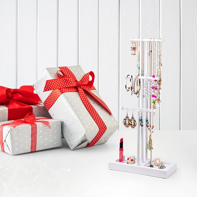 Love-KANKEI Jewelry Tree Stand White Metal and Wood Base Large Storage Jewelry Organizer for Necklaces Bracelets Earrings Holder Organizer Jewelry Display Gift White and White