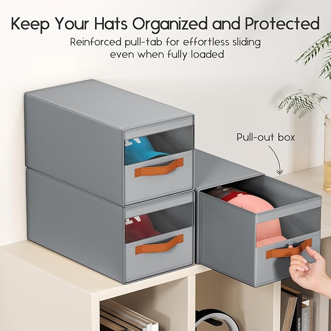Hat Organizer for Baseball Caps - 2 Pack Pull-Out Drawer Hat Storage Organizer Box with Clear Window, Stackable Closet Cap Holder, Baseball Cap Organizer for Closet, Bedroom, Home, Gray