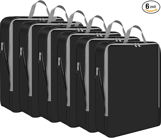Hosuly 6 Pcs Compression Packing Cube Bag Extra Large Travel Expandable Space Saving Organizers XL for Luggage Storage(Black 02,11 x 7 '')