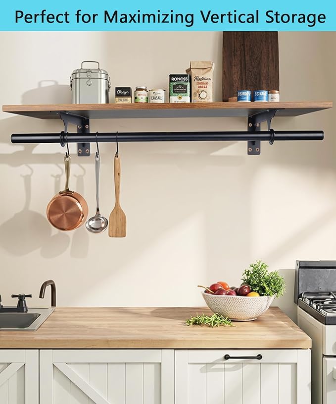 FIRJOY Closet Shelf with Hanging Rod, Heavy Duty (Black, 1 PACK 11.8" x 31.4")