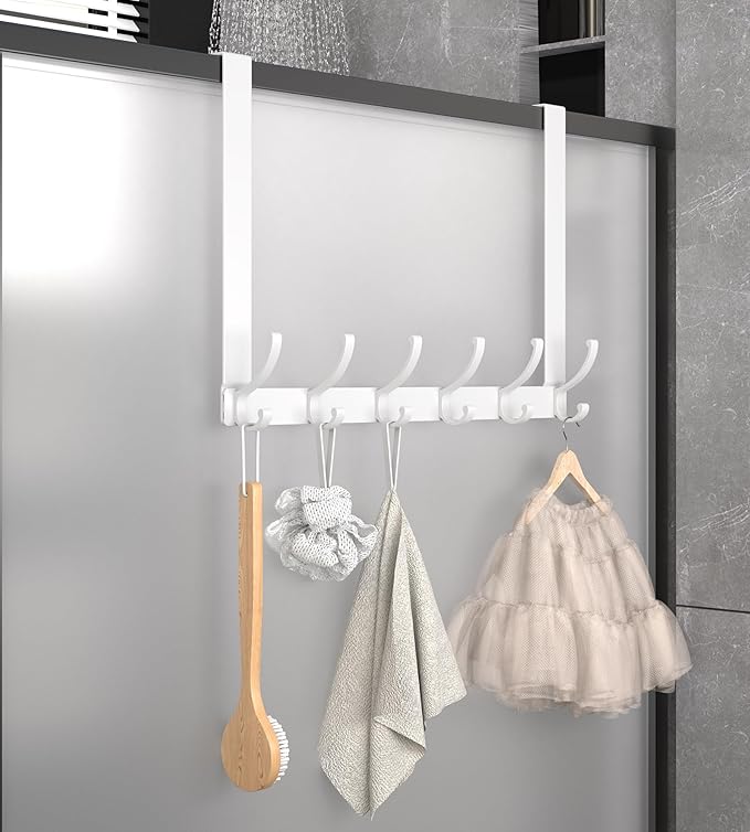 KitchLife Long Over The Door Hooks Hanger with 15.75" Extended Arms, Fits 1 3/8" Doors, F40U, 6 Double-Hanger Design Thickened Heavy Duty Bathroom Towel Rack Organization, Glossy White, 1 Pack