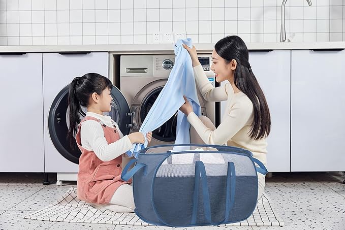 pop-up laundry basket，with Durable Handles collapsible Mesh laundry Hamper,Easy to Open and Fold,Premium Cationic Fabric… (Cationic blue)