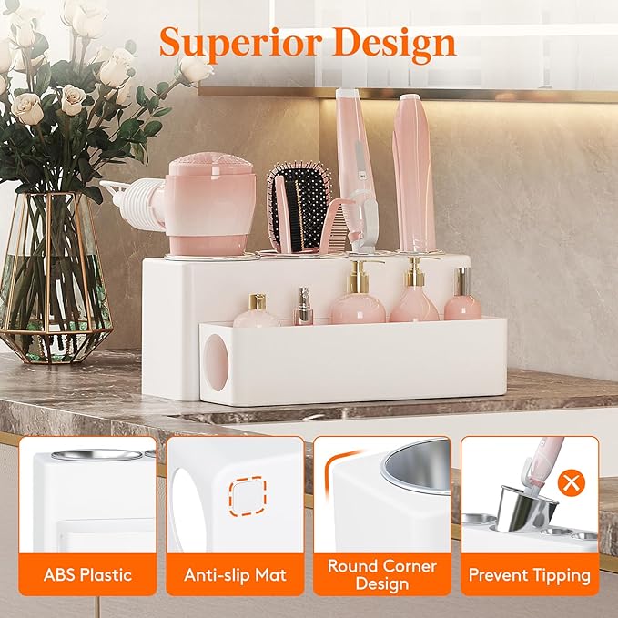 Lifewit Hair Tool Organizer Countertop, Removable Blow Dryer Holder for Bathroom, Acrylic Hot Tools Organizer Storage for Curling Iron, Brush, Straightener, 4 Stainless Cups, White, 30 cm/12 inch(L)