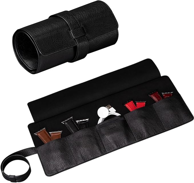 SENA Leather Watch Roll Organizer - 5 Slot Genuine Leather Travel Case for Watches, Watch Bands, Cables and Accessories - Compact, Elegant and Durable
