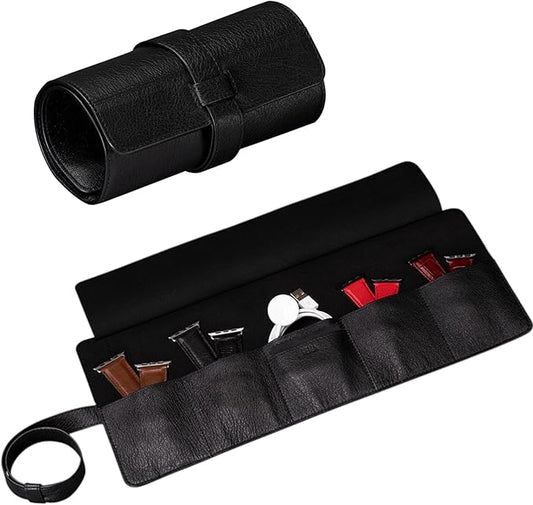 SENA Leather Watch Roll Organizer - 5 Slot Genuine Leather Travel Case for Watches, Watch Bands, Cables and Accessories - Compact, Elegant and Durable