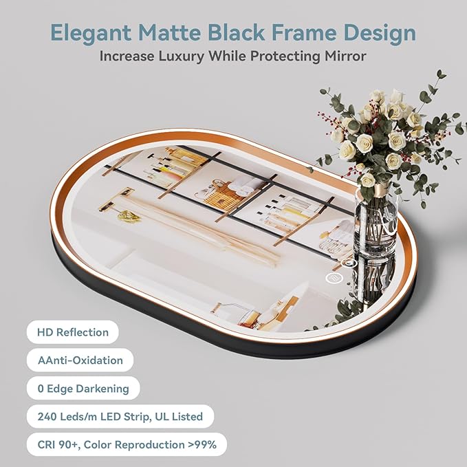 Led Bathroom Mirror with Lights, 24'' x 36'' Oval Heavy Duty Aluminum Frame Bathroom Vanity Mirror with Lights, 3 Colors, Brightness Stepless Dimmable, Anti-Fog, Memory Function, Double LED Orange