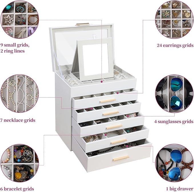 BOOVO Jewelry Box for Women, Black 6 Layer Large Jewelry Organizer with Glass Lid for Necklace, Bracelet, Earrings, Rings Storage, Jewelry Organizers and Storage for Womens Gift (Clear White, 6 layer)