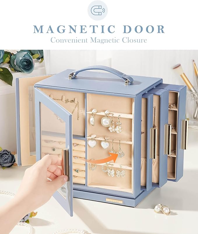 Homde Valentine's Day gifts Jewelry Box 360° Rotating, Necklace Earring Organizer with Transparent Window, Mirror, 7 Drawers, Large Ring Display Storage Case for Girls Women (Grey Blue)