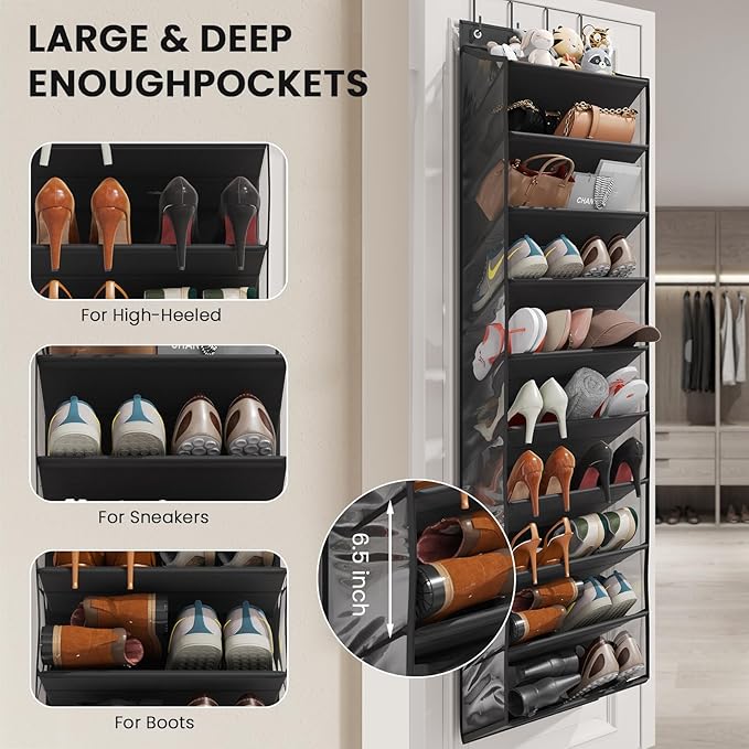 10 Tier Clear Over the Door Shoe Organizer with Deep Pockets, Door Shoes Rack with Hard Tube to Keep the Shape, Hanging Shoe Rack for Closet Organizers & Storage, Behind Door Shoe Holder Black
