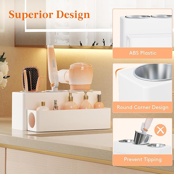 Lifewit Hair Tool Organizer Countertop, Removable Blow Dryer Holder for Bathroom, Acrylic Hot Tools Organizer Storage for Curling Iron, Brush, Straightener, 3 Stainless Cups, White, 30 cm/12 inch(L)