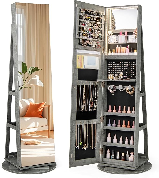 GOFLAME 360° Rotating Jewelry Cabinet with Full-Length Mirror, Freestanding Jewelry Armoire with 3-Color LED Light and Back Storage Shelf, Lockable Jewelry Organizer for Bedroom Cloakroom, Stone Gray