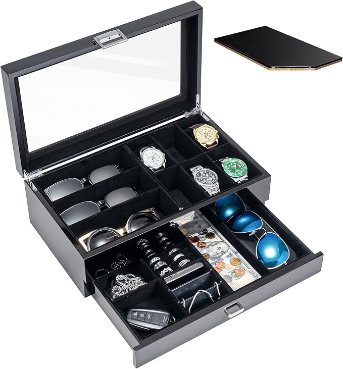 ProCase Lacquered Finish Wooden Men's Jewelry Box, 6 Slots Watch and Sunglasses Box Organizer for Men, 2-Tier Watch Holder Display Cases with Glass Top and Storage Drawer -Black