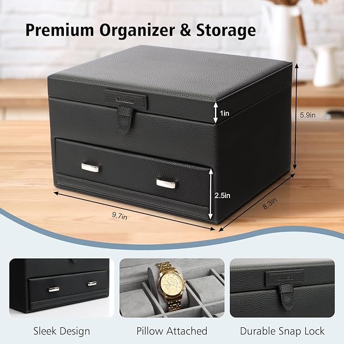 SANZIE 16-Slot Watch Box for Mens Watch Case with Removable Watch Pillows, Watch Holder Organizer Watch Storage with Grey Lining & Black Synthetic Leather (Black)