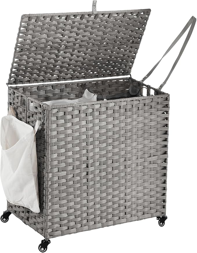 Laundry Hamper with Wheels, 39.6 Gallon(150L) Rolling Laundry Basket with Lid, Removable Large 2 Color Liners & 3 Mesh Laundry Bags, Clothes Hamper with Side Pocket, Grey