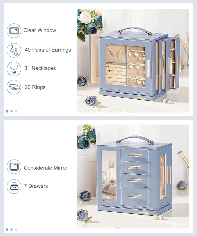 Homde Valentine's Day gifts Jewelry Box 360° Rotating, Necklace Earring Organizer with Transparent Window, Mirror, 7 Drawers, Large Ring Display Storage Case for Girls Women (Grey Blue)