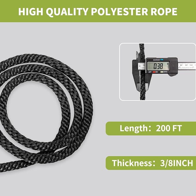 3/8 Inch 200FT Black Polyester Solid Braid Rope | High UV & Abrasion Resistance | Industrial Grade, Low Stretch | Multipurpose for Flag Poles, Clotheslines