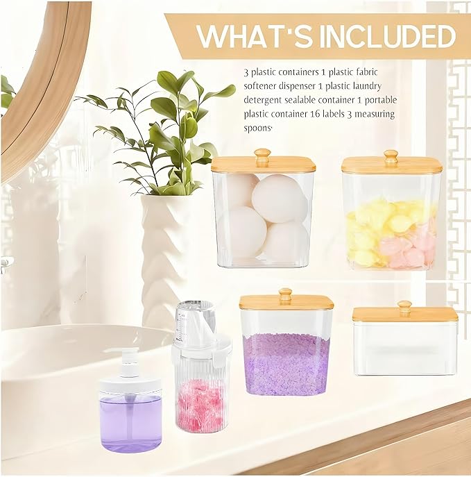 4+2-Piece Laundry Storage box: Includes transparent laundry pod storage box (with wooden lid and label) and liquid detergent container. Suitable for fabric softener, powder detergent, and laundry pods