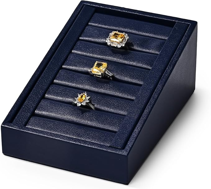 Premium Ring Display Tray Organizer Holder - PU Leather Rings/Earrings Stand Bearer (Blue)