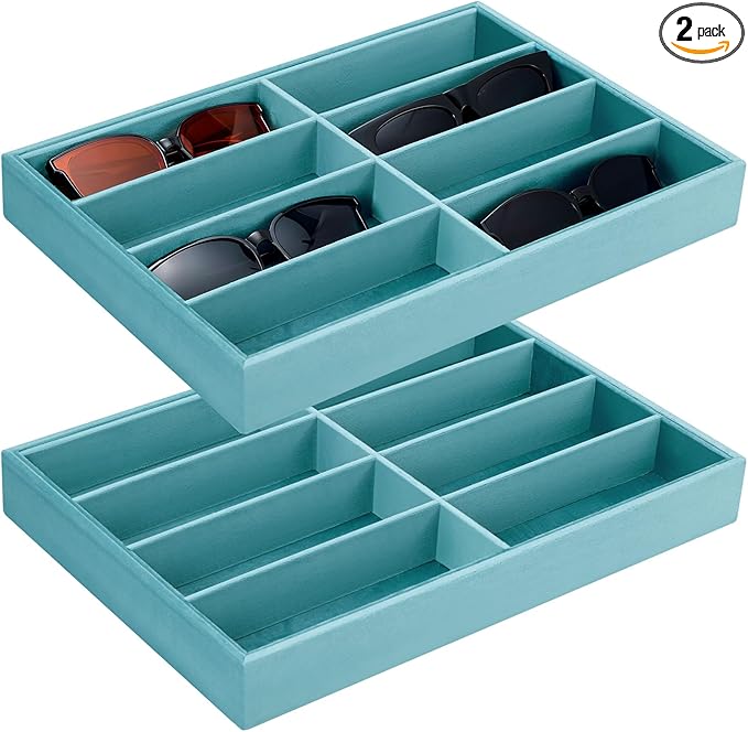 Amylove 2 Pcs Sunglass Organizer Trays Glasses Stackable Jewelry Trays Sunglass Organizer Display Box(8 Grids,Light Blue)