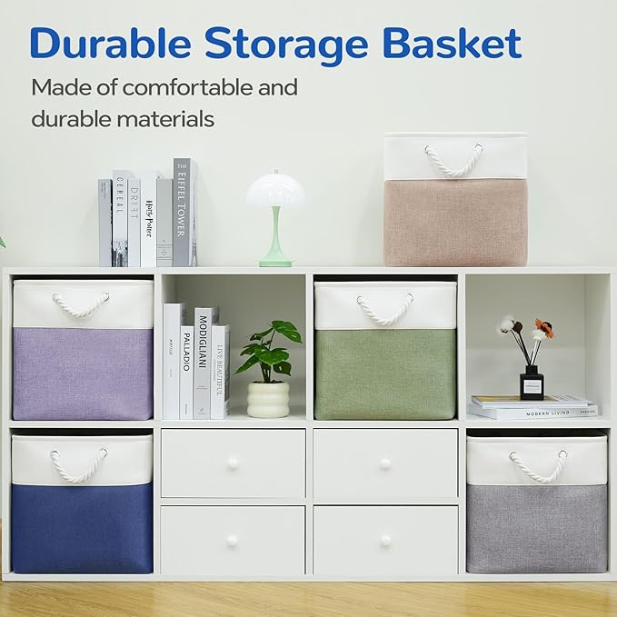 12 x 12 Inch Cube Storage Bins, 4 Pack Fabric Storage Basket with Handles, Foldable Boxes Organizer for Shelf Baskets for Home, Clothes (White/Blue)