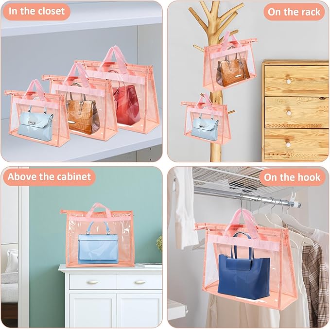 15 PCS Dust Bags for Handbags,Purse Protector Storage Bag,Purse Cover Hanging Closet Organizer with Zipper Handle,Clear Handbag Storage Organizer for Closet,3 Assorted Sizes(Pink)