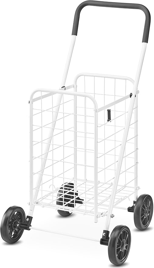 Whitmor Folding Utility Shopping Cart with Wheels, Heavy Duty Metal Grocery Cart, Portable Foam Handle, Rolling Collapsible Trolley for Groceries, Laundry, Storage, White