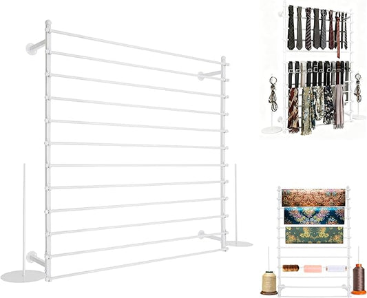 12 Layers 120cm White Wall Display Stand Wrapping Paper Ribbon Organizer Holder Storage Scarf Tie Belt Towel Spool Sewing Tool Hijab Metal Shelving for Home, Retail Stores, Flower Shop, Studio