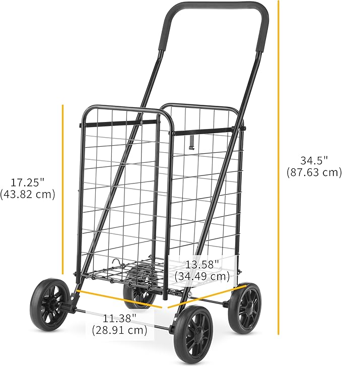 Whitmor Foldable Utility Shopping Cart with Wheels, Heavy Duty Metal Grocery Cart, Portable Foam Handle, Rolling Collapsible Trolley for Groceries, Laundry, Storage, Black