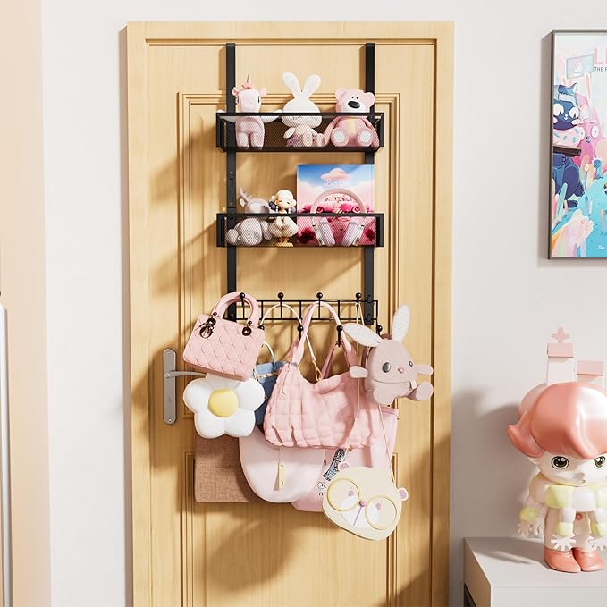 Consumest Over The Door Hooks Organizer - Extra Long Door Hanger with 9 Coat Hooks & 2 Mesh Basket, Back Storage Organizer Hanging Towels for Bathroom, Bedroom, Black (for 1.76 in Doors)