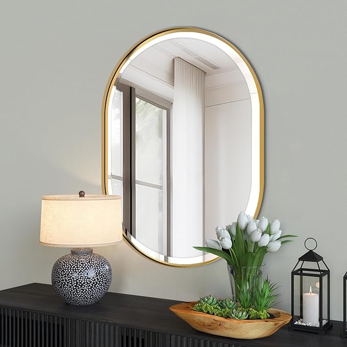 POZINO Oval Mirror Over Sink, Brushed Gold Beveled Bathroom Mirror, 22"x30" Vanity Wall Mirrors with Stainless Steel Frame, Brass Modern Rounded Mirrors for Bedroom Living Room Entryway