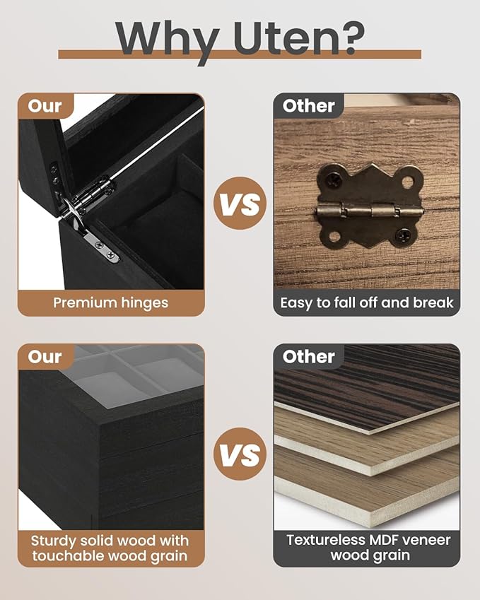 Uten 10-Slot Watch Box, 2-Layers Solid Wood Watch Display Case with Glass Lid, Watch Holder Organizer with Soft Pillow and Velvet Lining, Watch and Jewelry Storage Box, Black