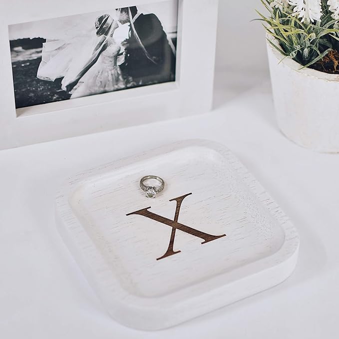 I'm Wooden Personalized Letter Catchall Valet Tray Trinket Dish Jewelry Tray Key Bowl Decorative Plate Organizing Ring Earrings Necklaces Bracelet Watch Coins Wallet Holder (6"x6" Sq White X)