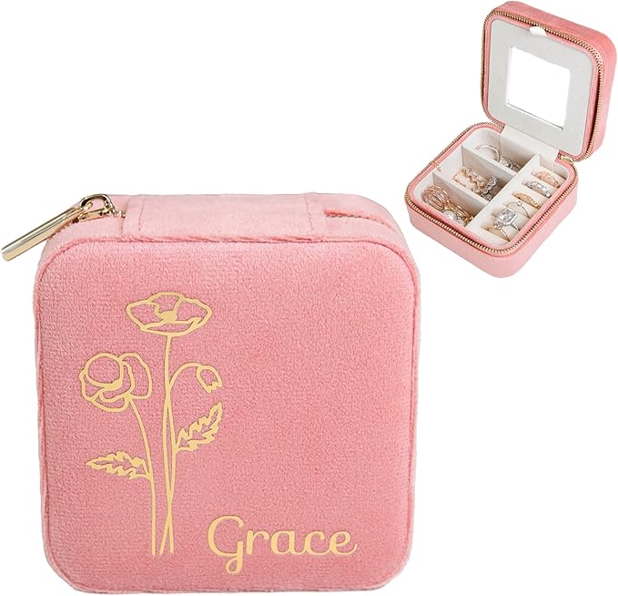Customizable Compact Velvet Jewelry Box with Mirror, Travel Jewelry Case, Travel Jewelry Organizer, Jewelry Box for Women and Girls, Small Jewelry Organizer (Flower Design, Coral Pink)