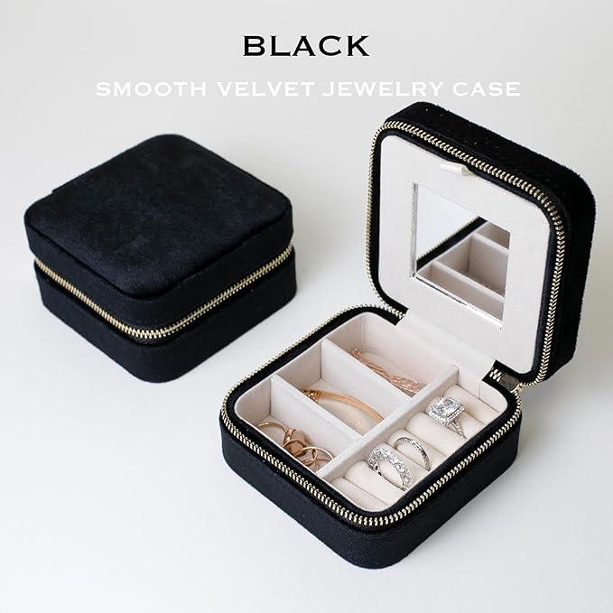 Customizable Compact Velvet Jewelry Box with Mirror, Travel Jewelry Case, Travel Jewelry Organizer, Jewelry Box for Women and Girls, Small Jewelry Organizer (Center Text, Black)