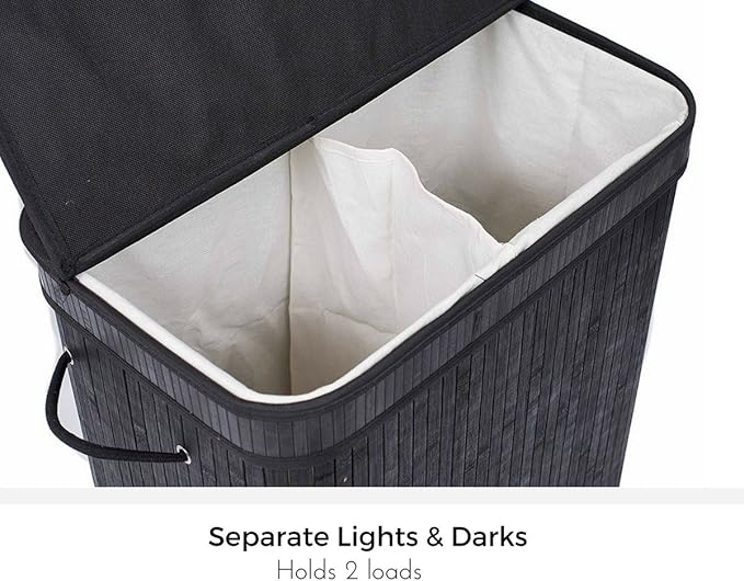 BIRDROCK HOME Double Laundry Hamper with Lid and Cloth Liner - Bamboo - Black - Easily Transport Laundry Basket - 2 Section Collapsible Hamper - String Handles