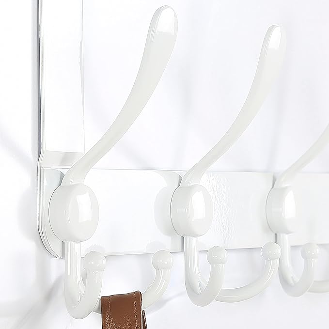 SKOLOO Over The Door Hook - for Doors up to 1-3/4'' Thickness, Pack of 2, Metal Door Hanger with 5 Triple Hooks, Over The Door Hanger for Coats, Hats,Towels, White, Assembly Required