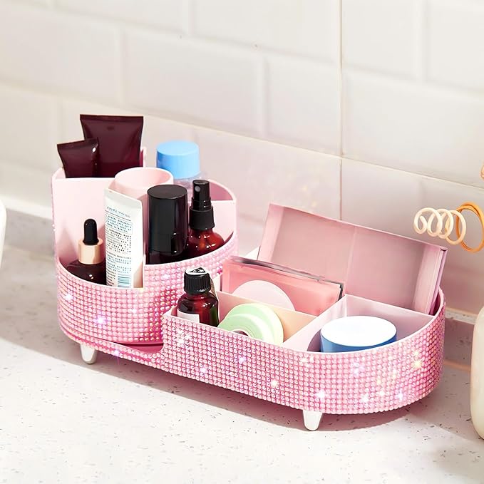 Teen Girls Women Gift 360 Rotating Bling Makeup Organizer Large Rhinestone Diamond Bathroom Organizer Girly Skin Care Brush Holder for Countertop,Bathroom Essentials(Pink,Rhinestone)
