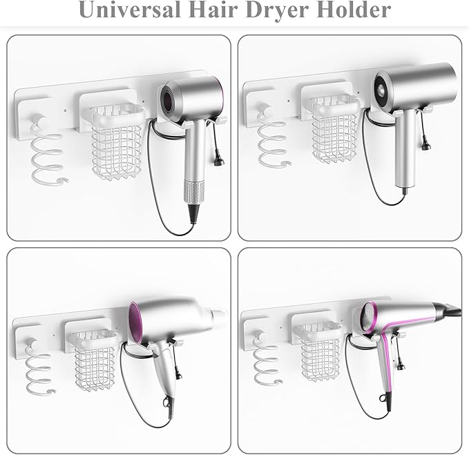 Tindbea Upgraded Aluminum Alloy Hair Dryer Holder Wall Mounted with Built-in Cord Wrap,3-in-1 Hair Tool Organizer for Blow Dryer, Curling Iron, and Straightener, White