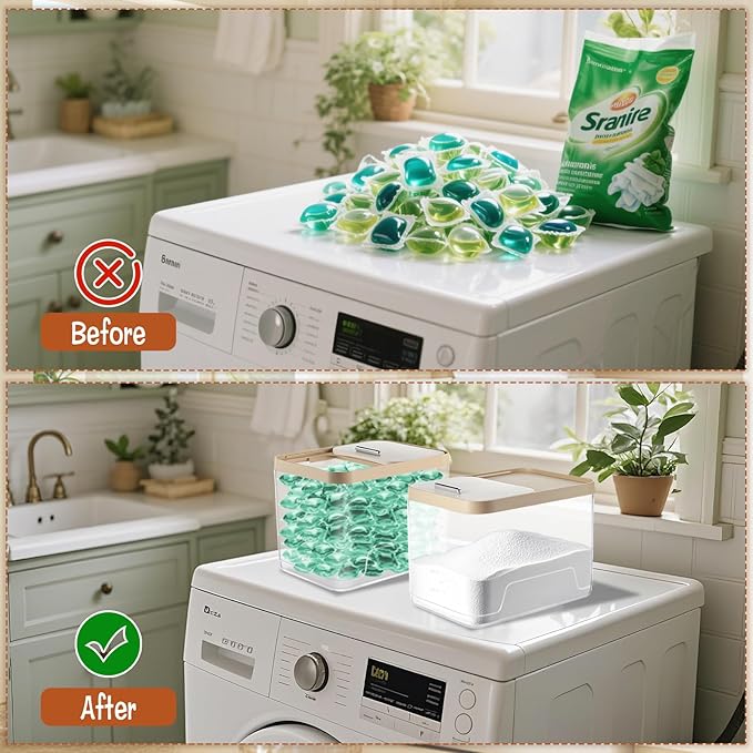 Large Laundry Pods Container with Slide Lid, Laundry Room Organization for Booster Beads with Measuring Scoops, Laundry Pods Holder for Scent Booster, Powder, Pods. (Clear 2-Pack)