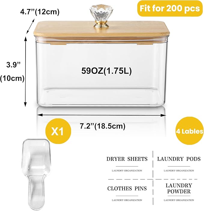 Dryer Sheet Holder with Lid, Clear Dryer Sheet Container, Dryer Sheet Dispenser with 4 Labels, Laundry Sheet Holder for Laundry Room and Organization