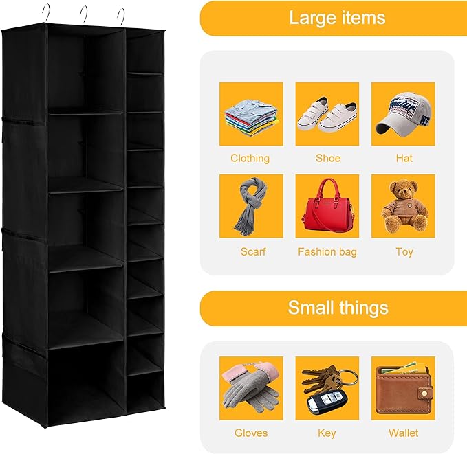 coastal rose Hanging Shoe Closet Storage Organizer, 15 Sections Closet Organizers and Storage Shelves Shoe Rack Holder Hanger, Black