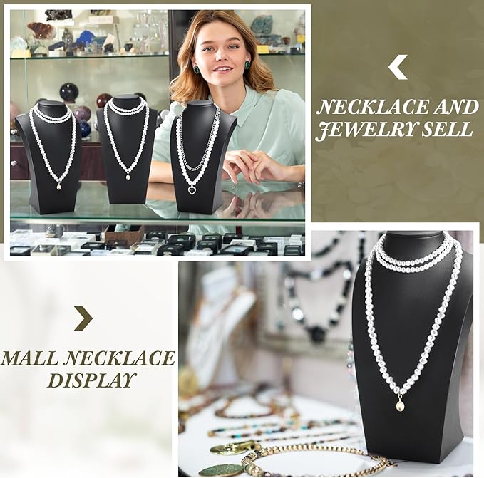 Kigley 3 Pcs Black PU Leather Jewelry Bust Display Necklace Display Stand Necklace Mannequin Holder for Jewelry Displays (9.8 x 3.0 x 5.7 Inches)