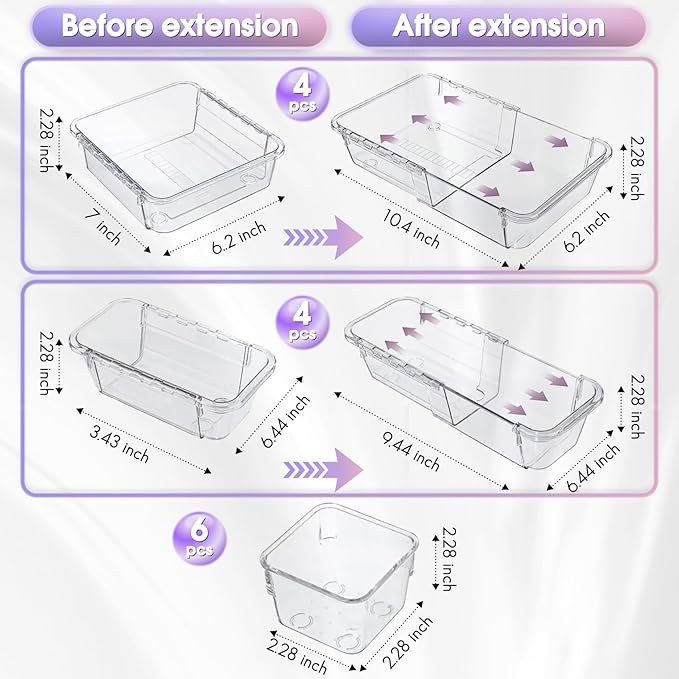 14 Pcs Extendable Clear Drawer Organizer, Adjustable Vanity Storage Box, 3-Size Desk Drawer Organizer, Non-Slip Storage Bins for Cosmetics, Jewelries, Stationeries, Tools, Cutleries, Toiletries